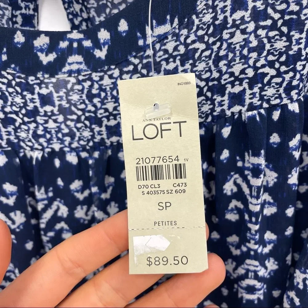 🔴LOFT Blue Printed Short Sleeve Belted Chiffon Crew Neck Summer Mini Dress SP - Picture 8 of 9